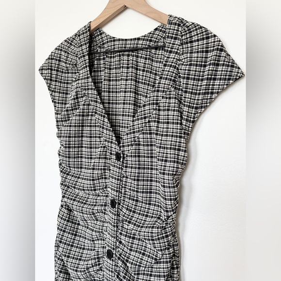 Ganni Ruched Seersucker Mini Dress In Plaid Print SZ 38/6 212 - Picture 3 of 11